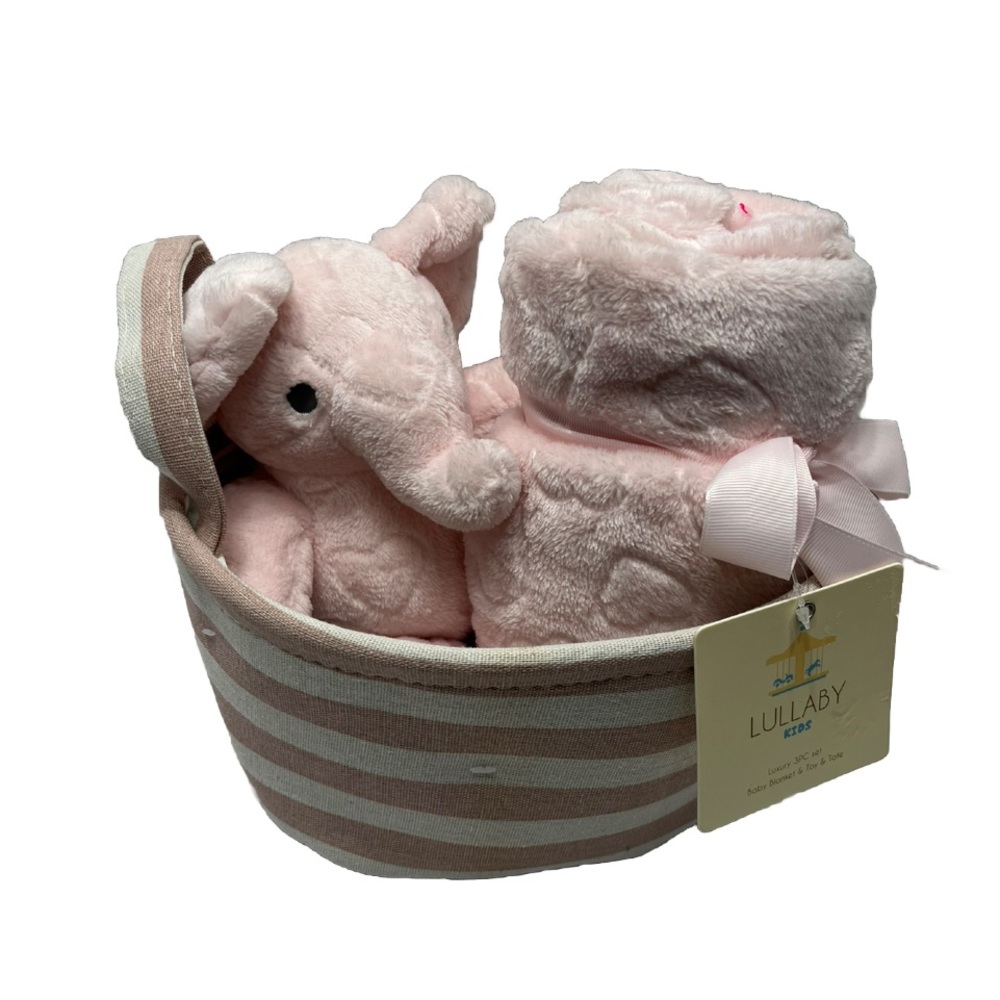 Lullaby Kids Pink Embossed Hearts Baby  Blanket , Plush Elephant & Tote 30”x40”,